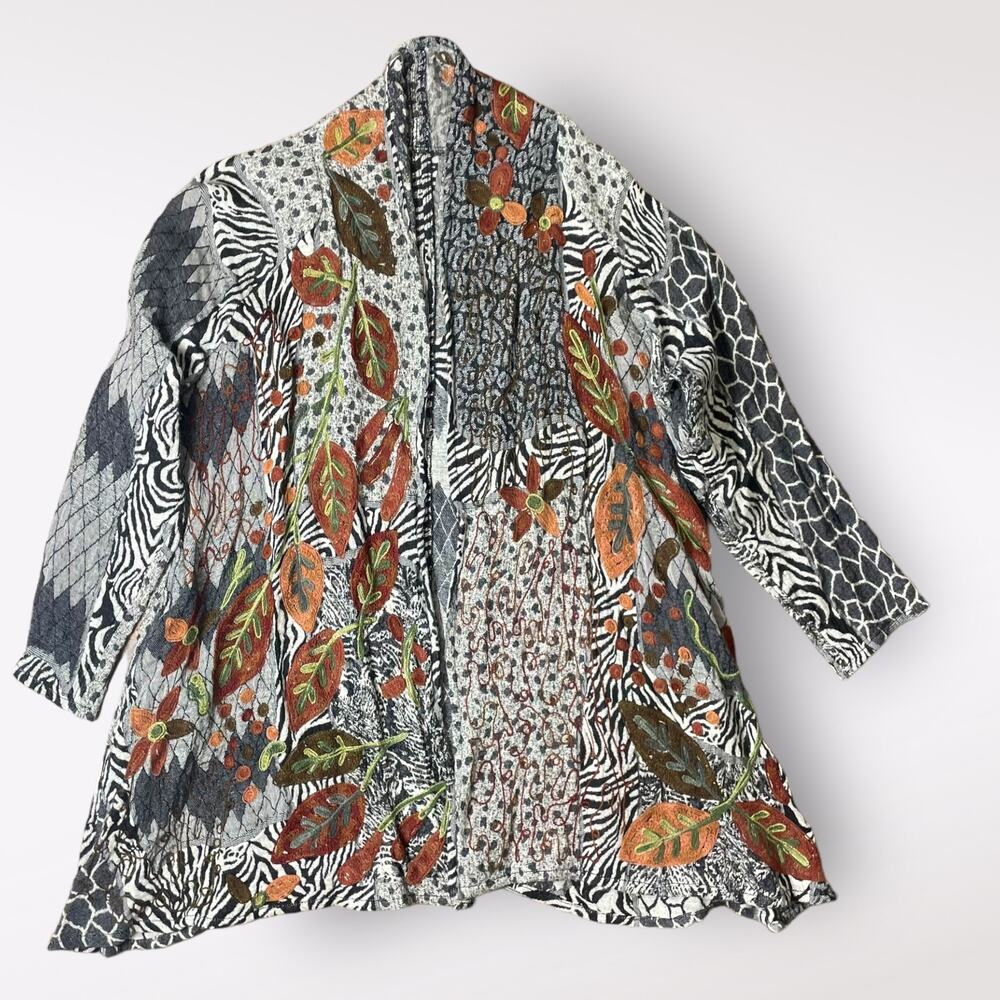 Soft Surroundings Leaf Stitch Animal Print Open Front Cardigan Size M